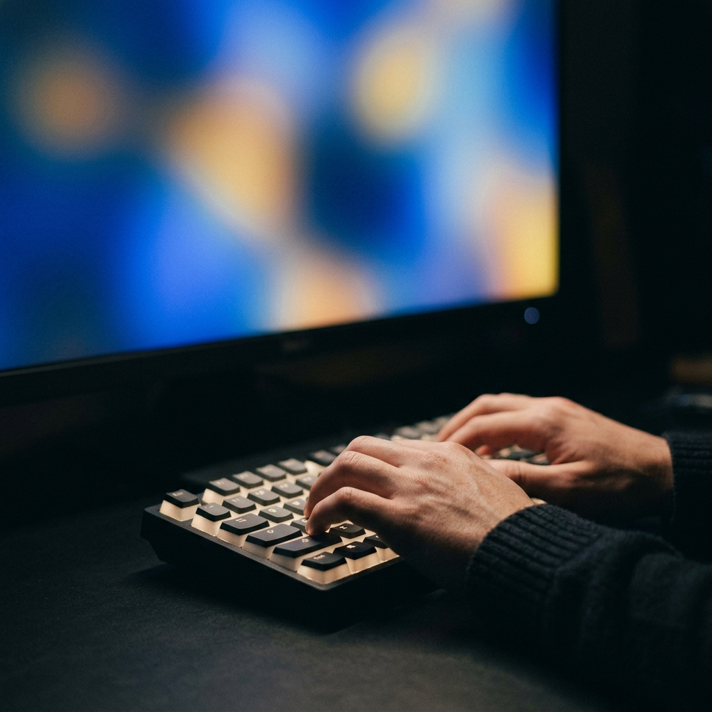 Close-up of hands typing on a backlit keyboard with a softly glowing screen behind
