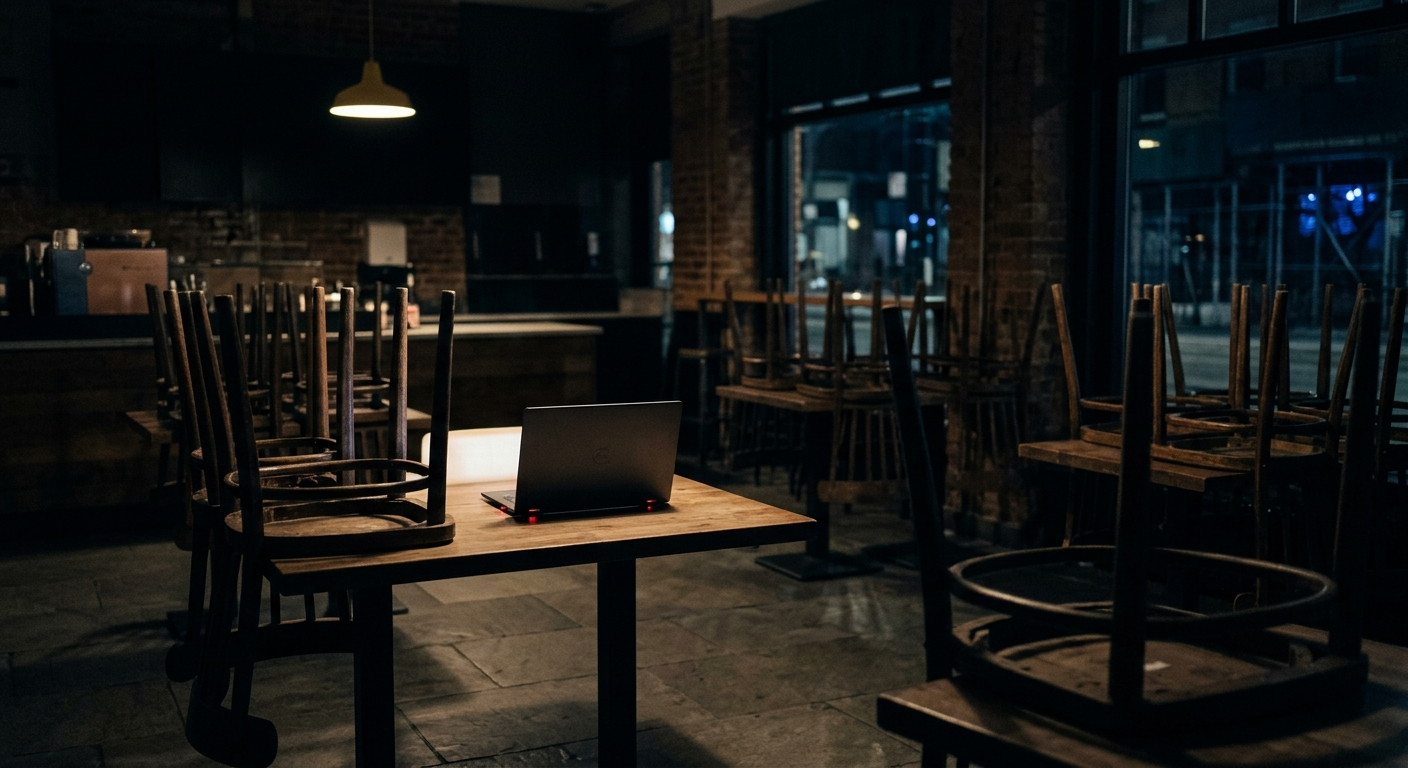 A laptop glowing on an empty café table at closing time with chairs upturned around it
