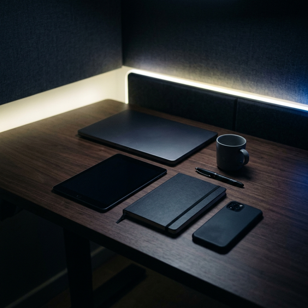 A tidy dark desk with a closed laptop, tablet, notebook and phone laid out neatly