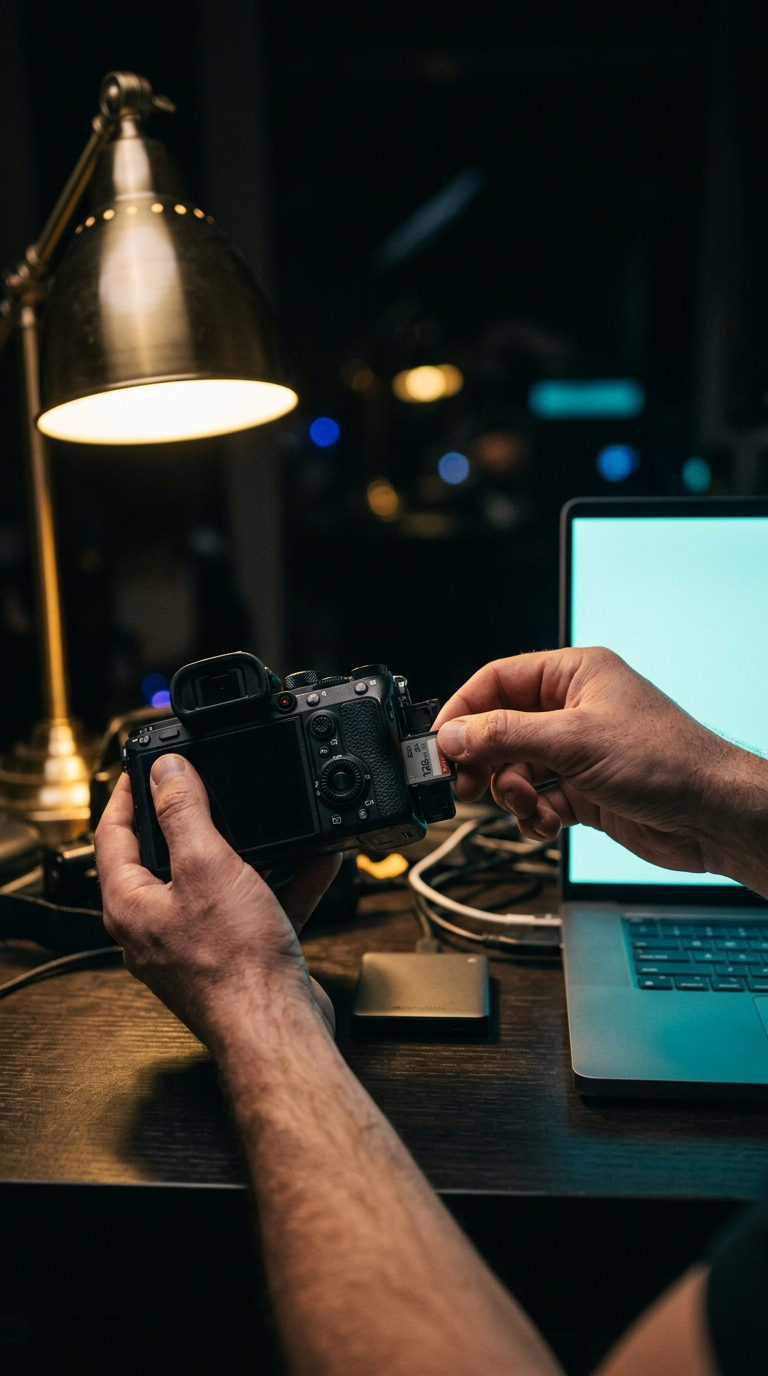 Hands removing a memory card from a camera beside a laptop at night