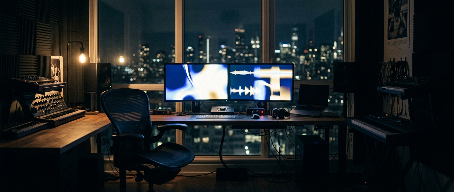 An empty home studio at night with two glowing monitors