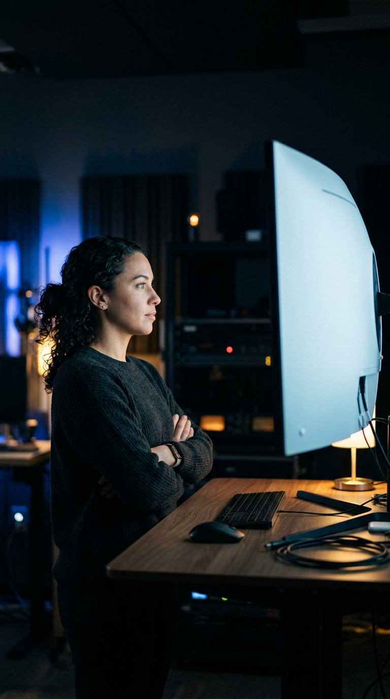 A person standing at a desk with arms folded, reviewing footage on a large monitor in an evening studio