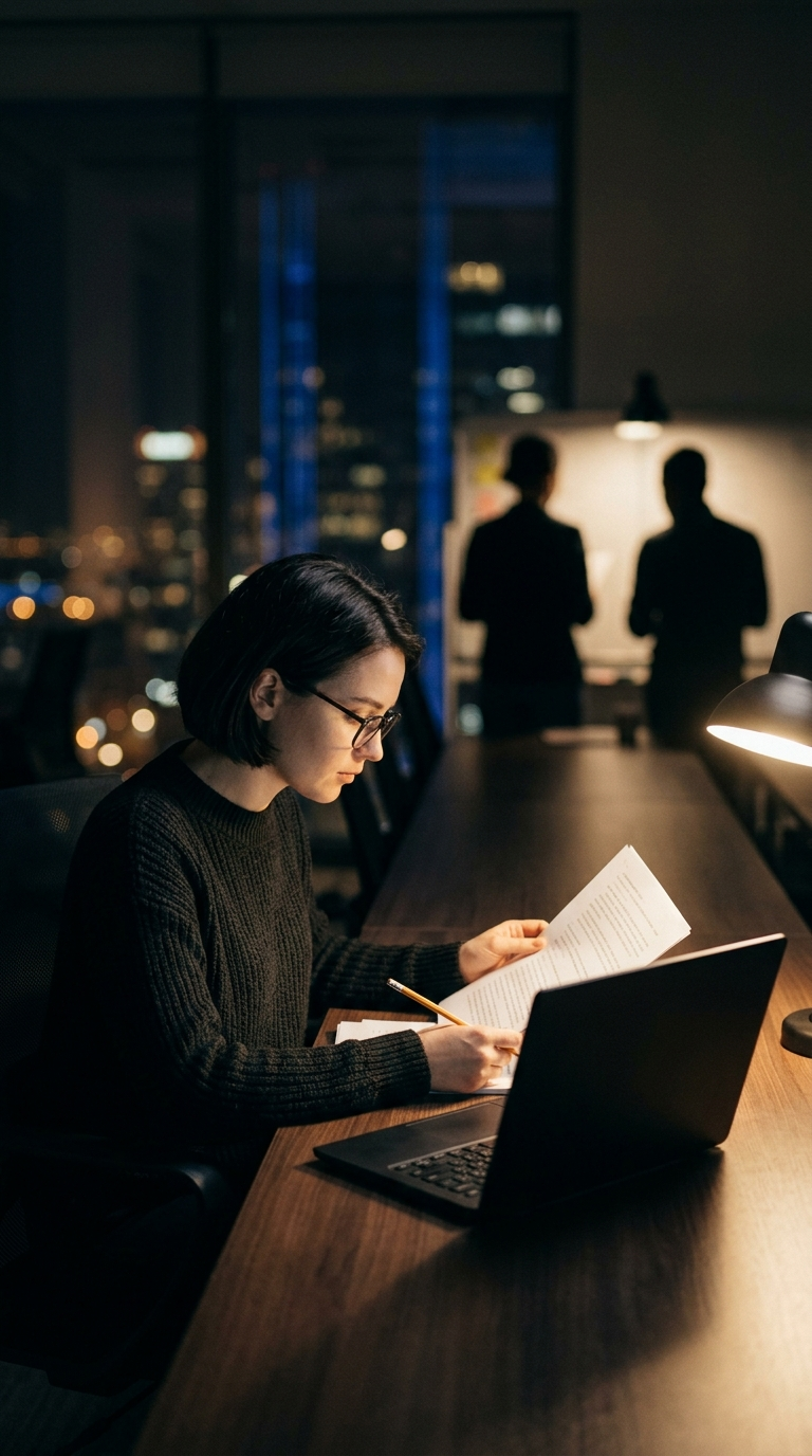 A person reviewing a printed document at a desk in an evening studio