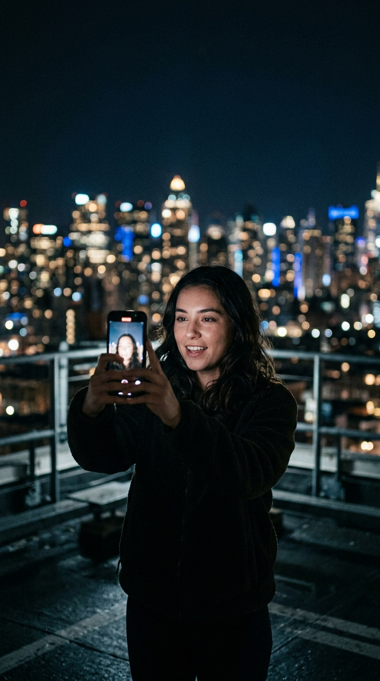 A woman filming herself on a phone on a city rooftop at night