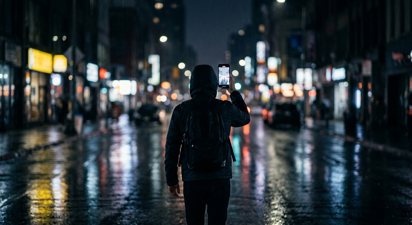 A person seen from behind filming a busy, rain-slicked night street with blurred colorful lights