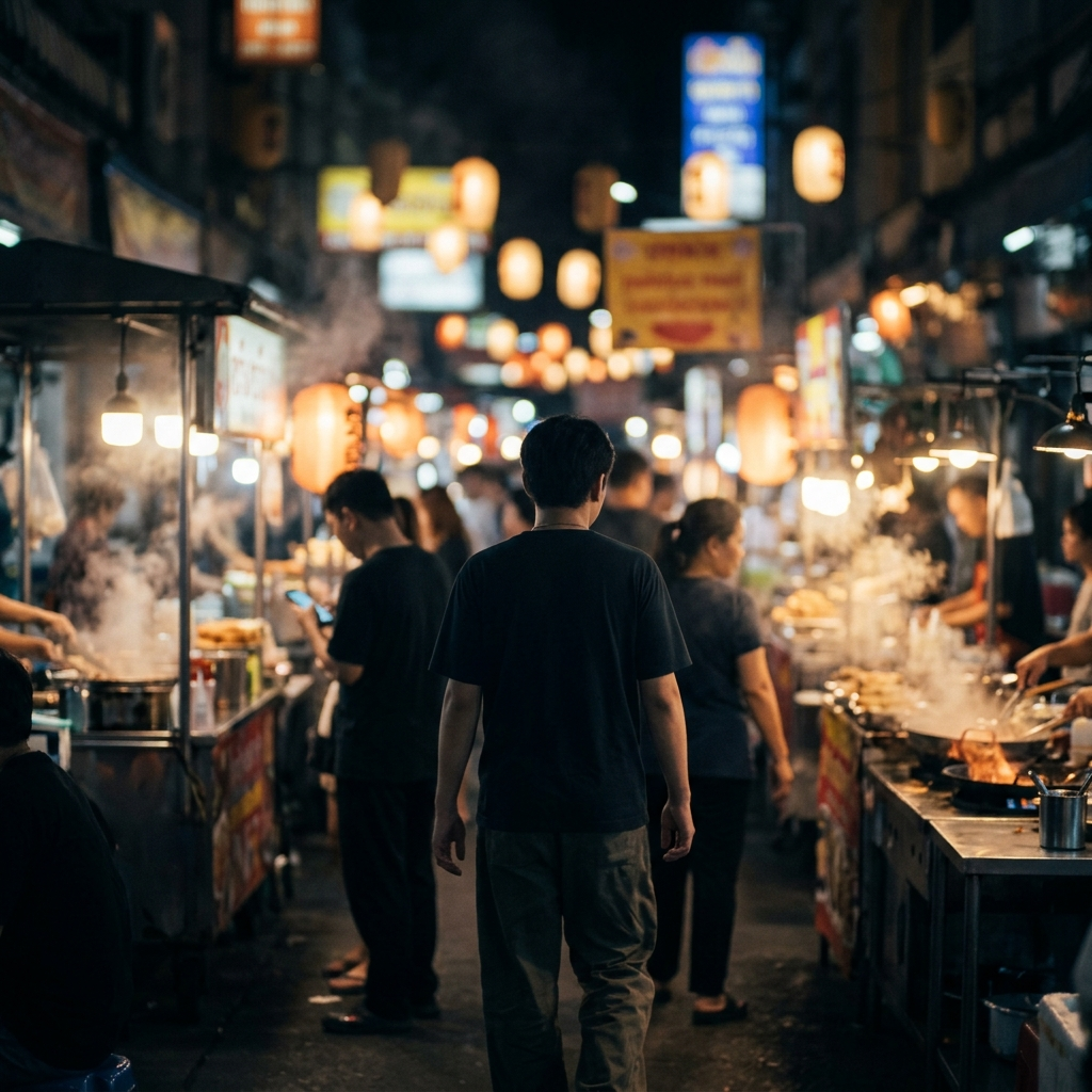 A blurred night-market street, filmed handheld