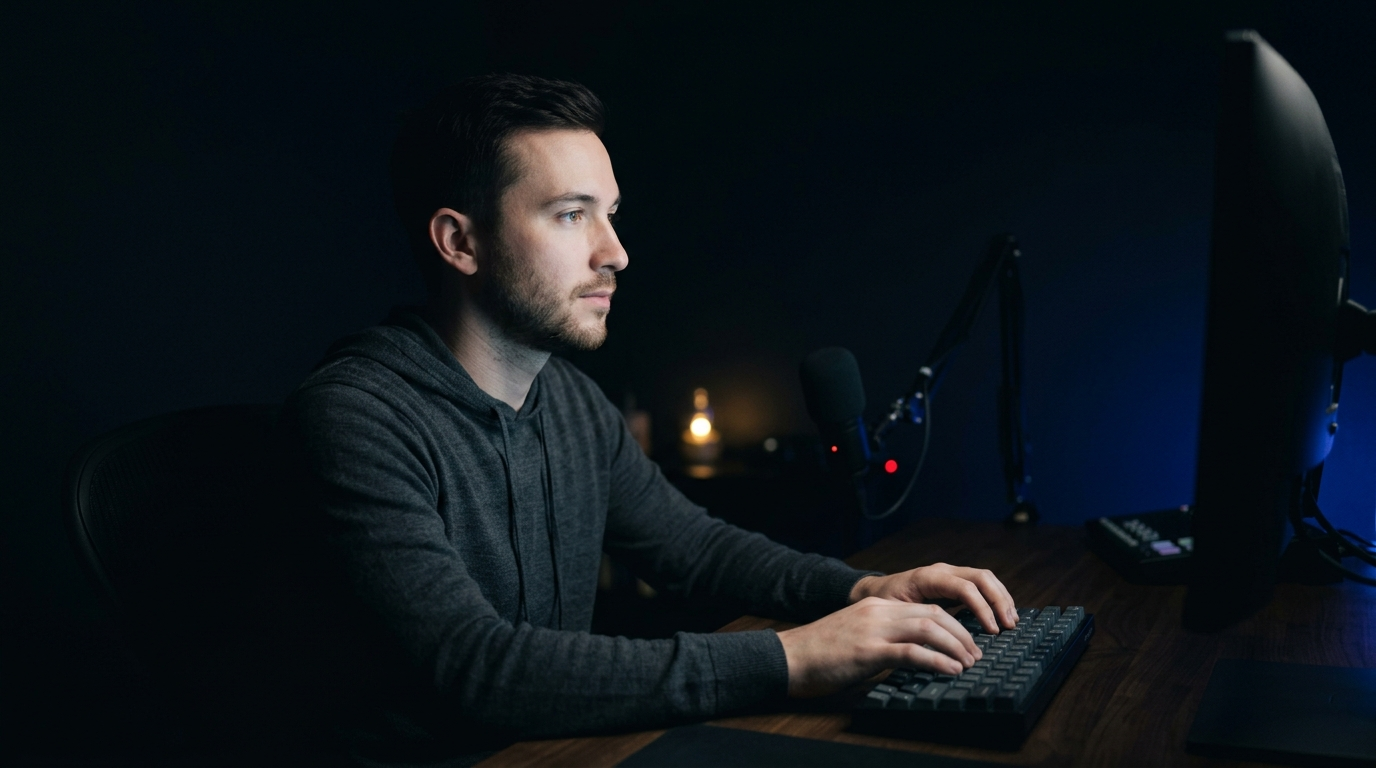 A creator at a desk at night, face and hands lit by a monitor