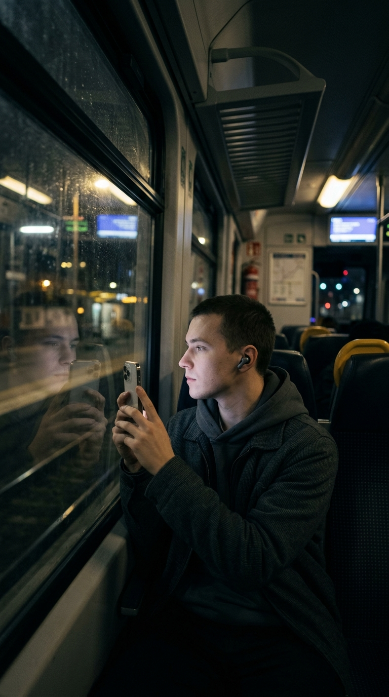 A creator filming out of a night train window with a phone, reflected in the glass