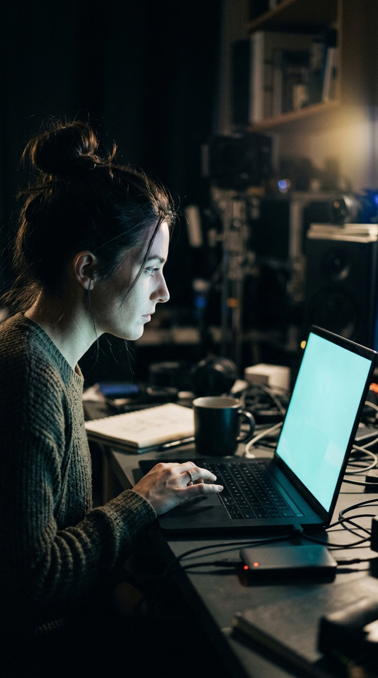 A person's face lit by a screen's cyan glow, fingers resting on a laptop trackpad