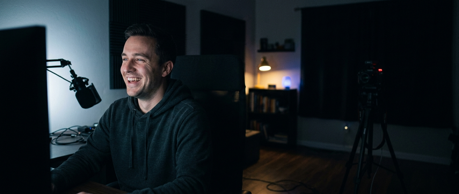 A laughing video creator at a desk at night, lit by a monitor
