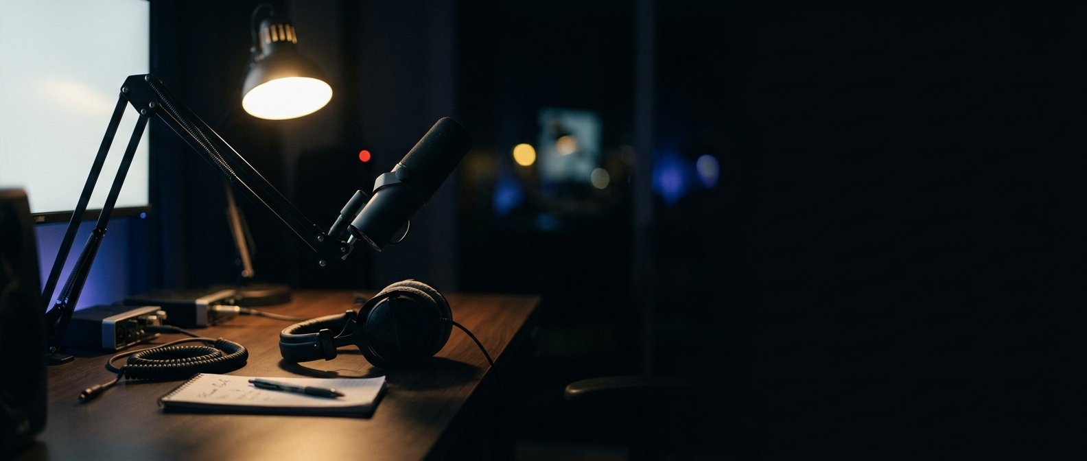 A microphone on a boom arm and a pair of headphones on a dark desk under a warm lamp
