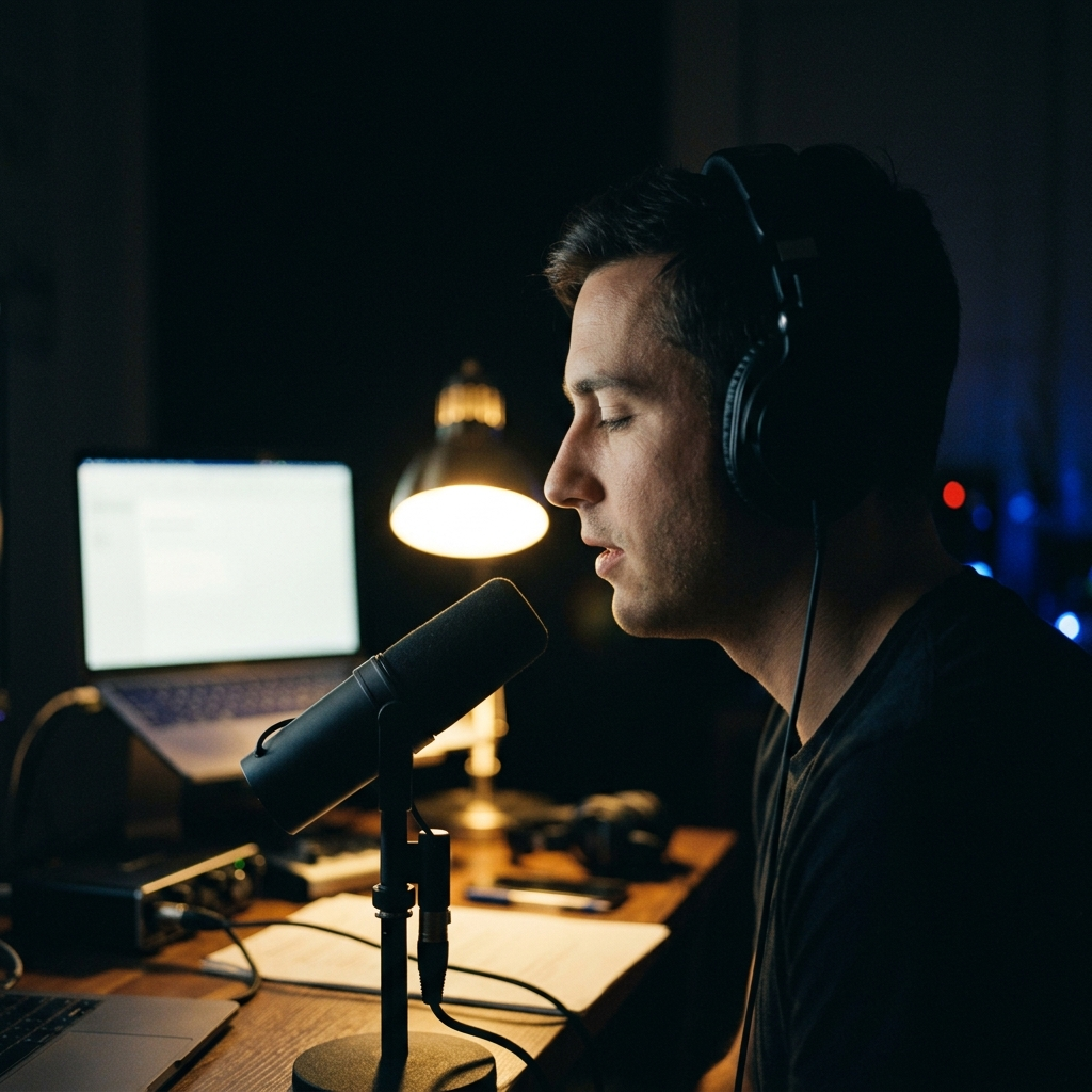 A person speaking into a microphone with headphones on in a dark room