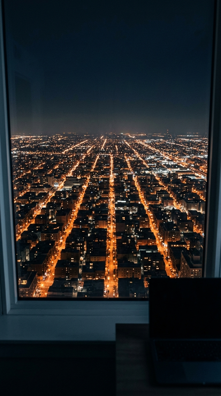 A sleeping city seen from a high window at night, streets glowing as lines of light