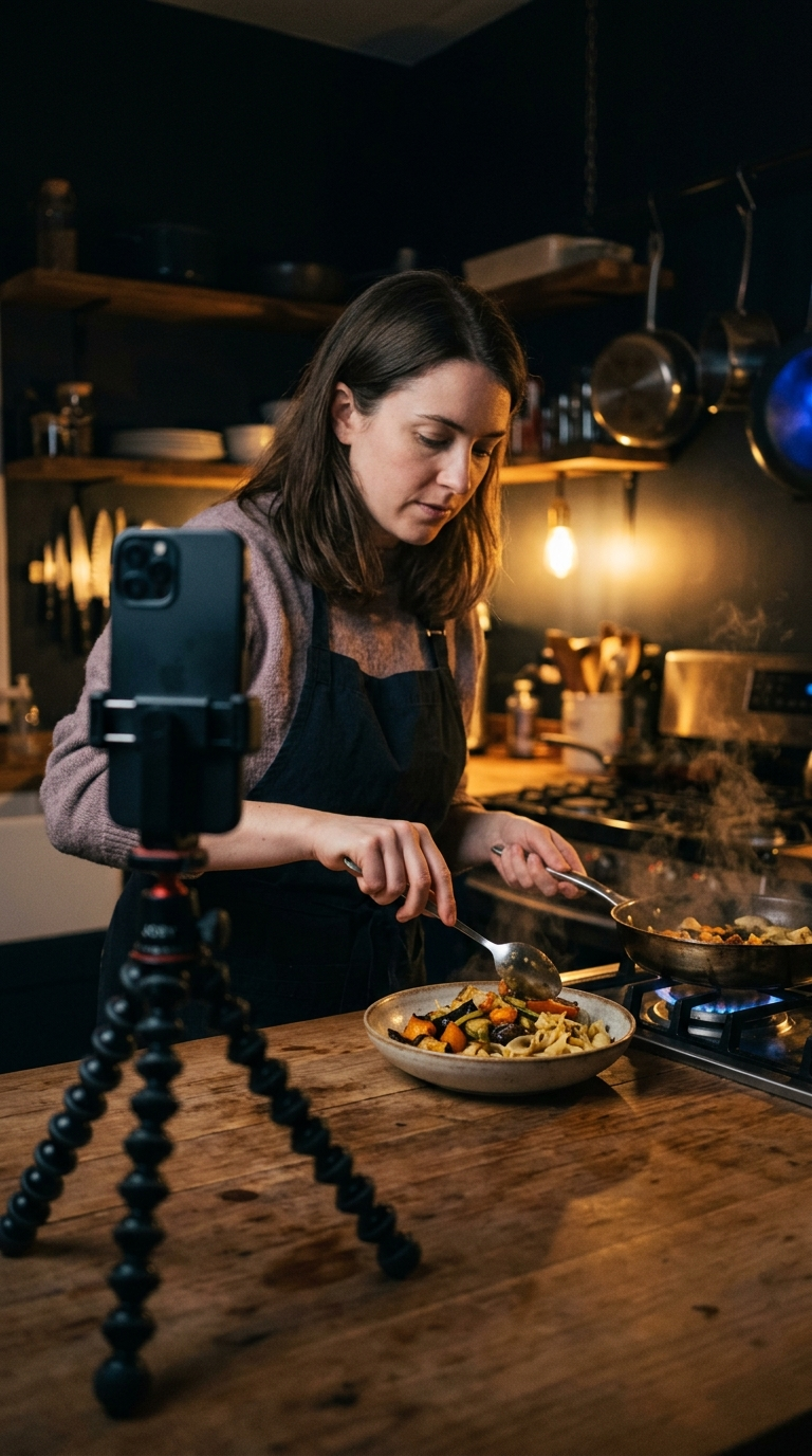 A person plating food in a small kitchen at night while a phone on a tripod films the scene
