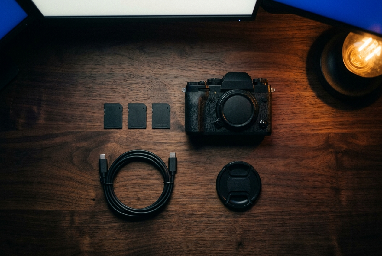 A top-down view of a camera, memory cards, a coiled cable and a lens cap laid out on dark wood